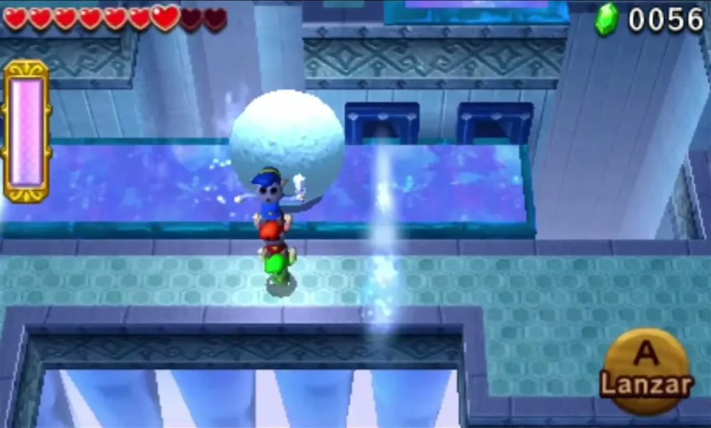 A giant Snowball rolls along an ice walkway above a Link in the Ice Temple