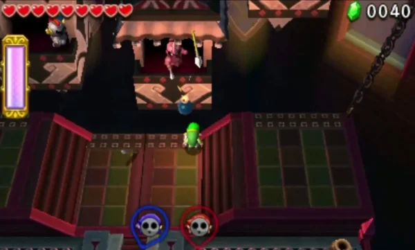 A pink Spear Throwing Soldier stands on a balcony of The Lady's Lair, spear in hand.