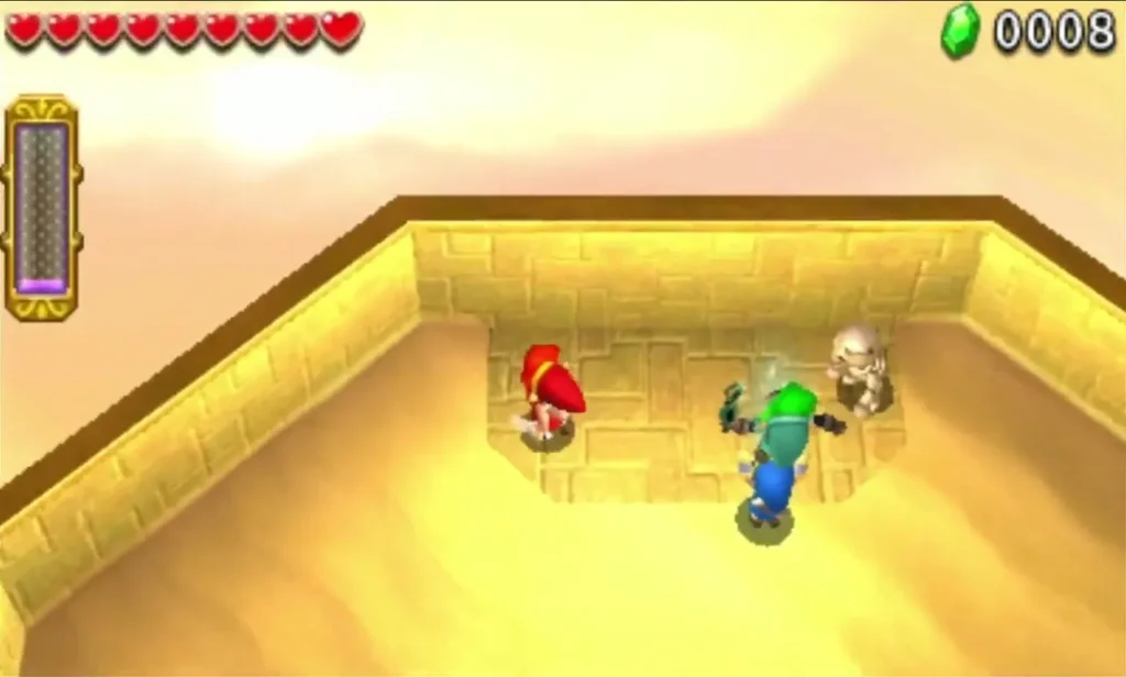 Link fighting a white Stalfos skeleton in a sunken sand pit in the Sky Realm