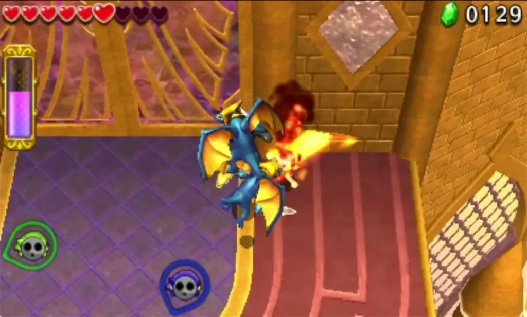 A blue winged Super Aeralfos lizard breathing fire over the purple floor of a Sky Temple room