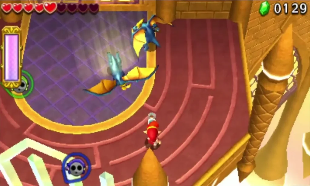 A blue winged Super Aeralfos flying above the temple floor while Link stands below
