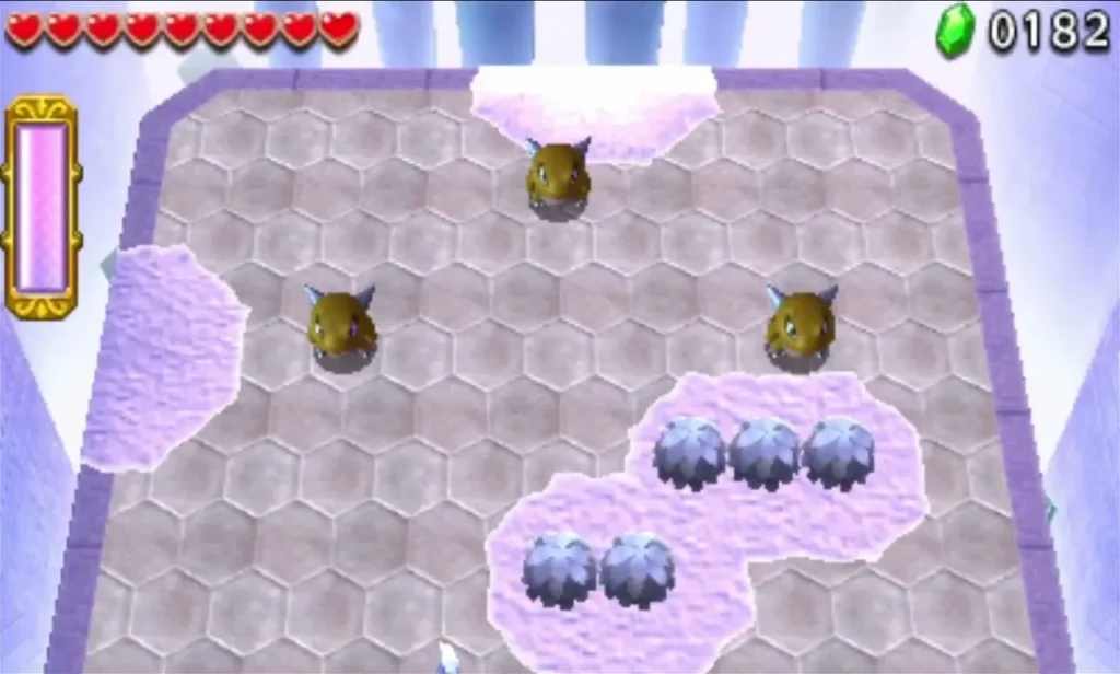 Three brown horned Deadrocks stand on the hexagon-tiled floor of a Silver Shrine room