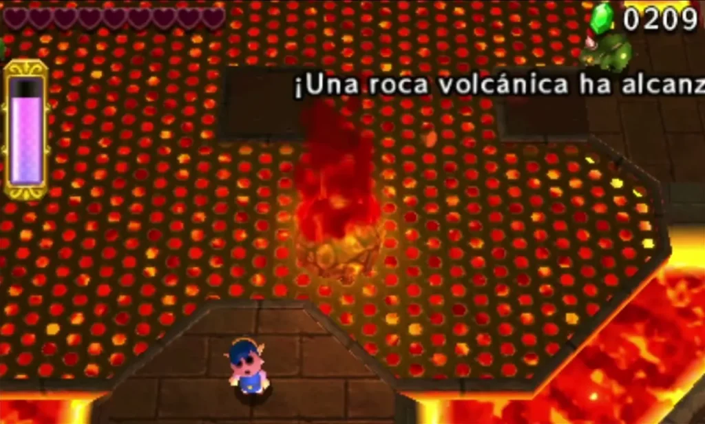A volcanic rock falls in a column of fire onto the hot grate floor of the Den of Flames