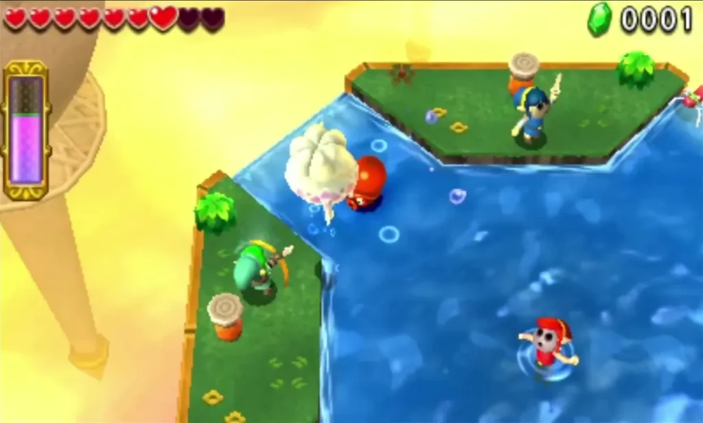 Link swimming in a Sky Realm pool while a pale water enemy and a red enemy float nearby