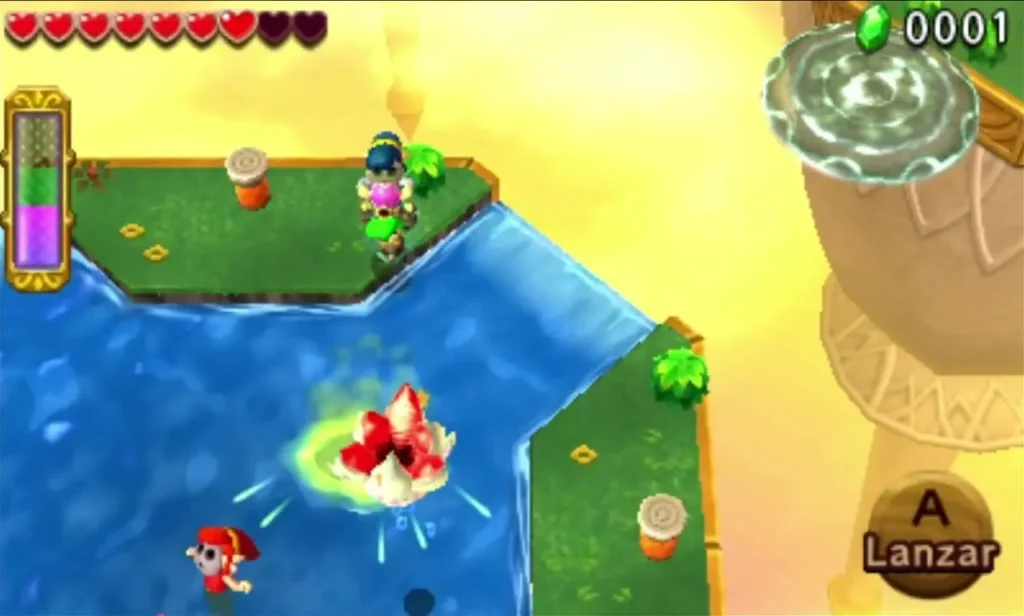 Link throwing an attack at a red spiky enemy skating on the water of a Sky Realm island