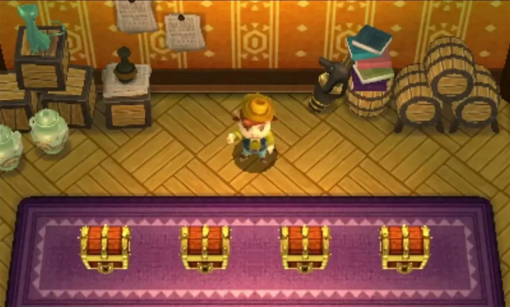 Four closed Treasure Chests on a purple table in front of the shop owner