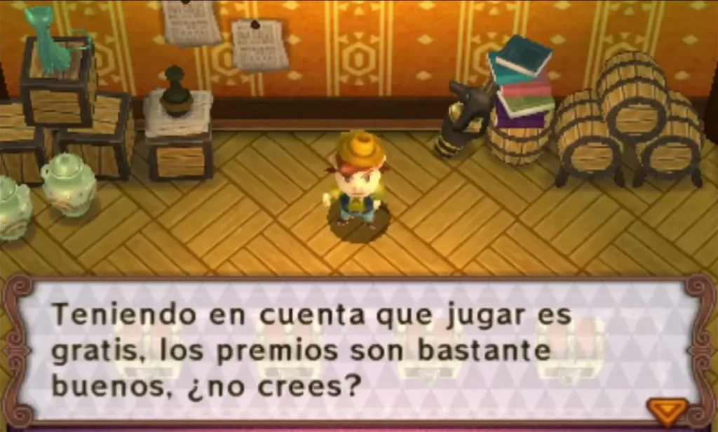 The shop owner explains that playing the chest game costs nothing and the prizes are good