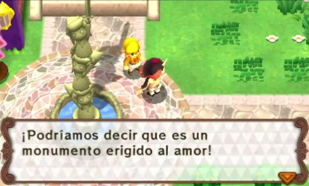 The stacked hero statue in the square, with a villager calling it a monument to love on screen