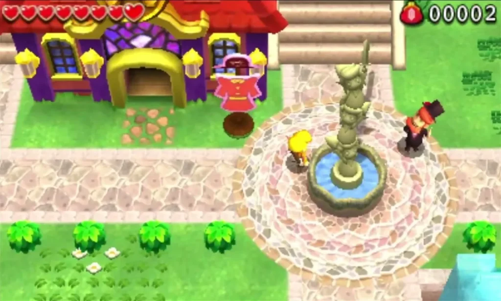 The statue of stacked heroes rising from the fountain in the middle of Hytopia square