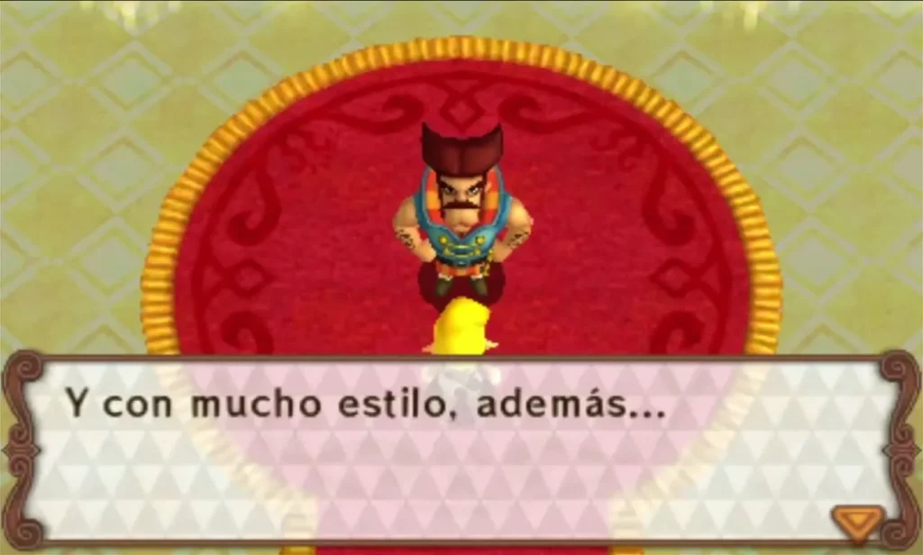 Sir Combsly standing on the red carpet of the throne room, mid-speech, facing Link