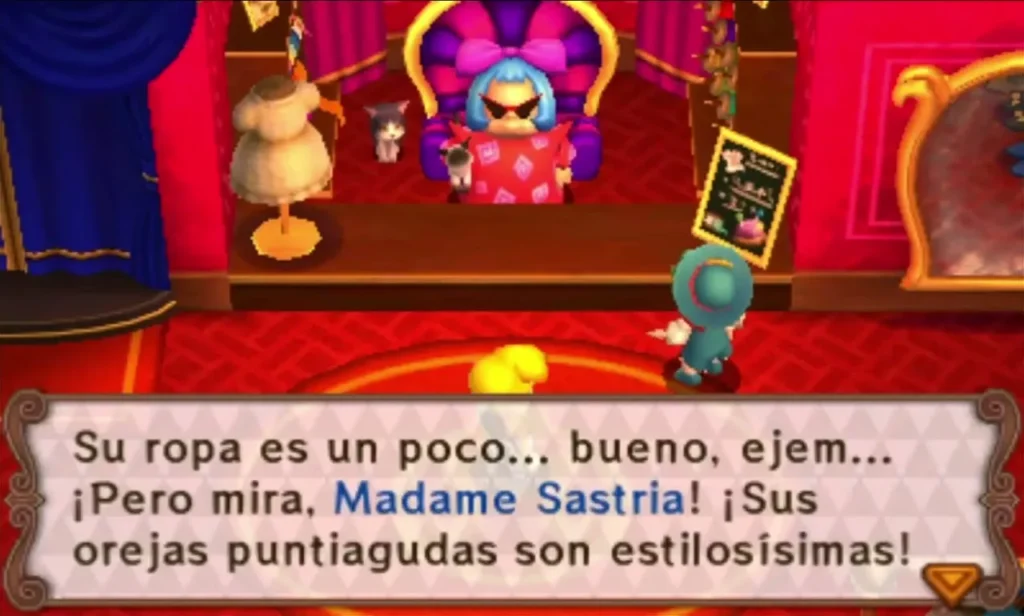 Madame Couture on her throne, with clothes on display and a visitor standing in front of the counter