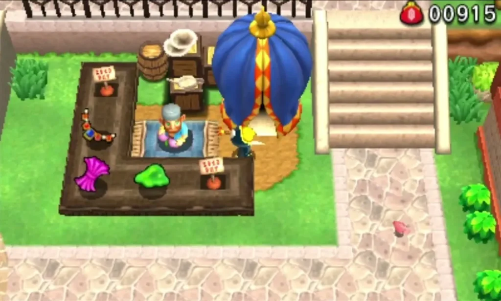 The Street Merchant behind his stall under a blue awning on the Hytopia street