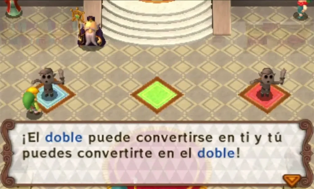 Two wooden Doppel dolls on their pads in the hall, with a line saying a Doppel can turn into you