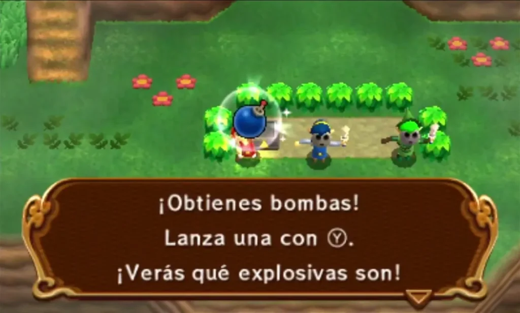 Link raises a Bomb in Moblin Base beside a row of bushes with the You got bombs box fully shown Link raises a Bomb in Moblin Base beside a row of bushes with the You got bombs box fully shown