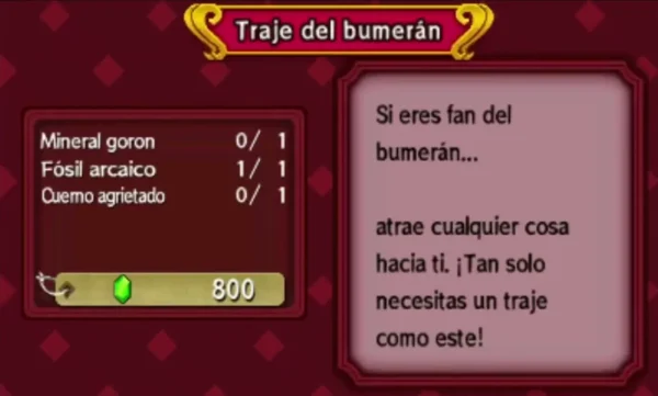 Madame Couture's catalog page for the Boomeranger outfit, listing its three materials and 800-rupee price Madame Couture's catalog page for the Boomeranger outfit, listing its three materials and 800-rupee price