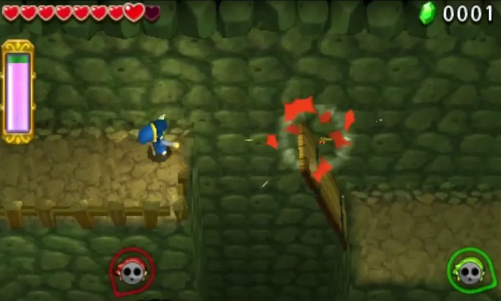 Blue Link aims toward a wooden post with red impact sparks in the dim Buzz Blob Cave Blue Link aims toward a wooden post with red impact sparks in the dim Buzz Blob Cave