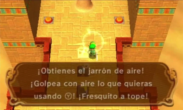 Link raises the Gust Jar in a sandy corridor of Stone Corridors Link raises the Gust Jar in a sandy corridor of Stone Corridors