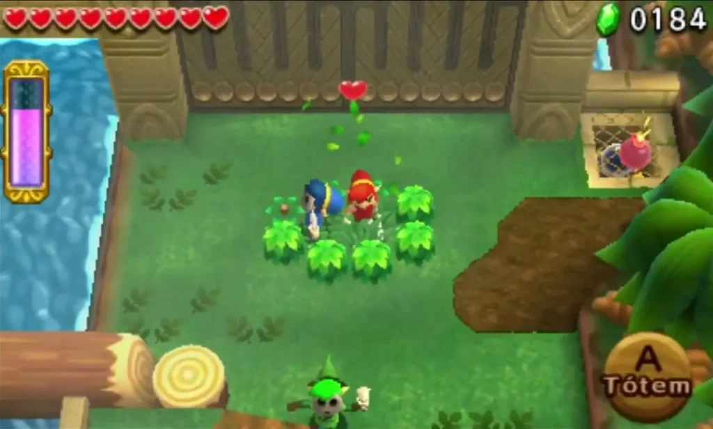 A red heart floats above the grass beside the party in Moblin Fortress A red heart floats above the grass beside the party in Moblin Fortress