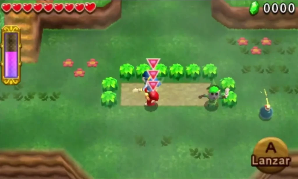 A lit Bomb sits on the grass in Moblin Base while a Link stands ready with the Throw prompt on screen A lit Bomb sits on the grass in Moblin Base while a Link stands ready with the Throw prompt on screen