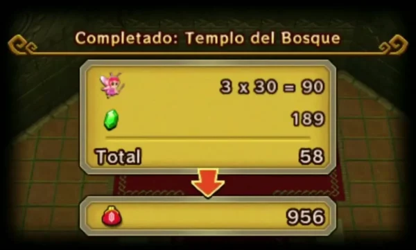 Reward screen for Temple of the Forest with the Rupee total counting up into the bank Reward screen for Temple of the Forest with the Rupee total counting up into the bank