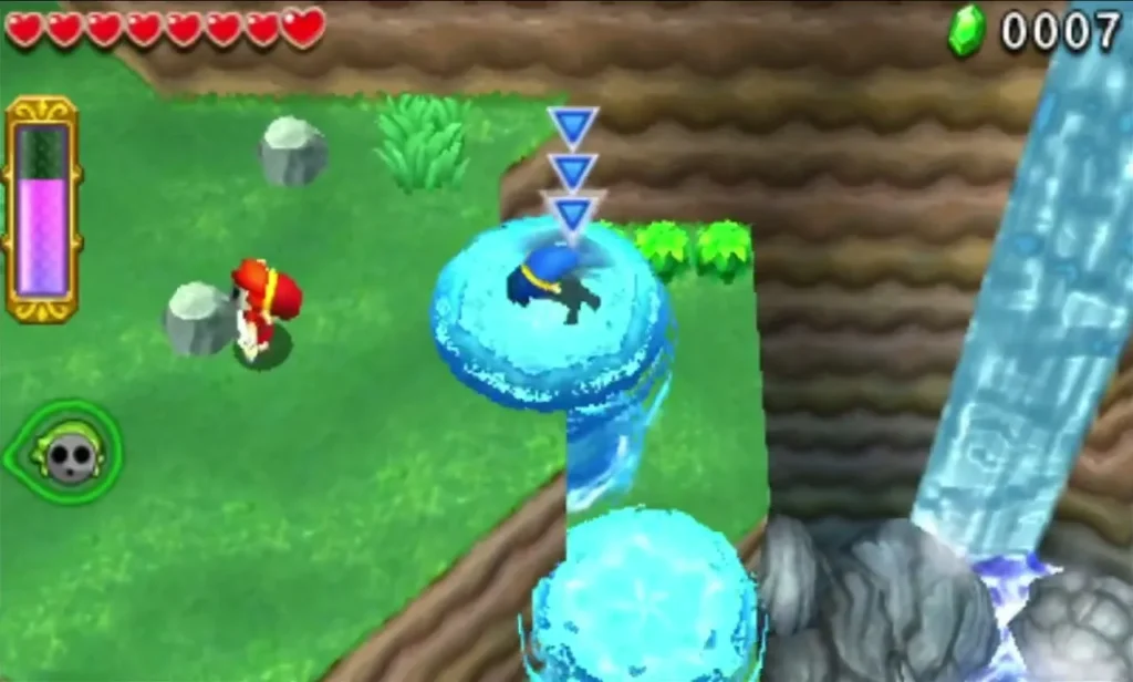 A Link stands on top of a tall water column in the Secret Fortress with blue markers above it A Link stands on top of a tall water column in the Secret Fortress with blue markers above it