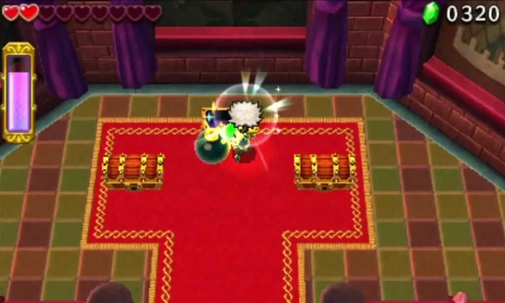 Link holds up a white item in the Bomb Storage treasure room beside two treasure chests Link holds up a white item in the Bomb Storage treasure room beside two treasure chests