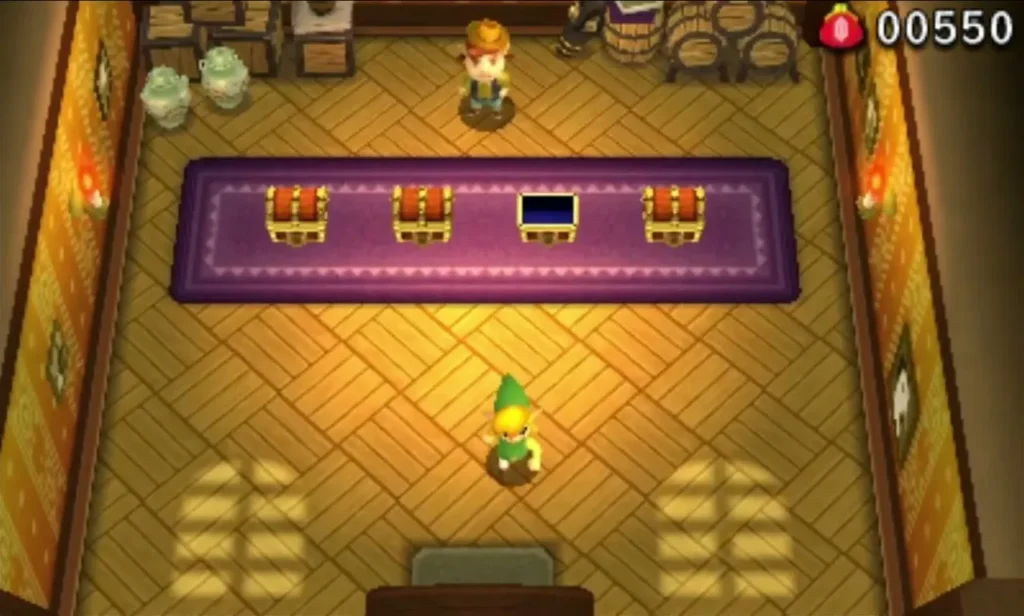 Link stands in the Daily Riches shop between treasure chests on a purple carpet Link stands in the Daily Riches shop between treasure chests on a purple carpet