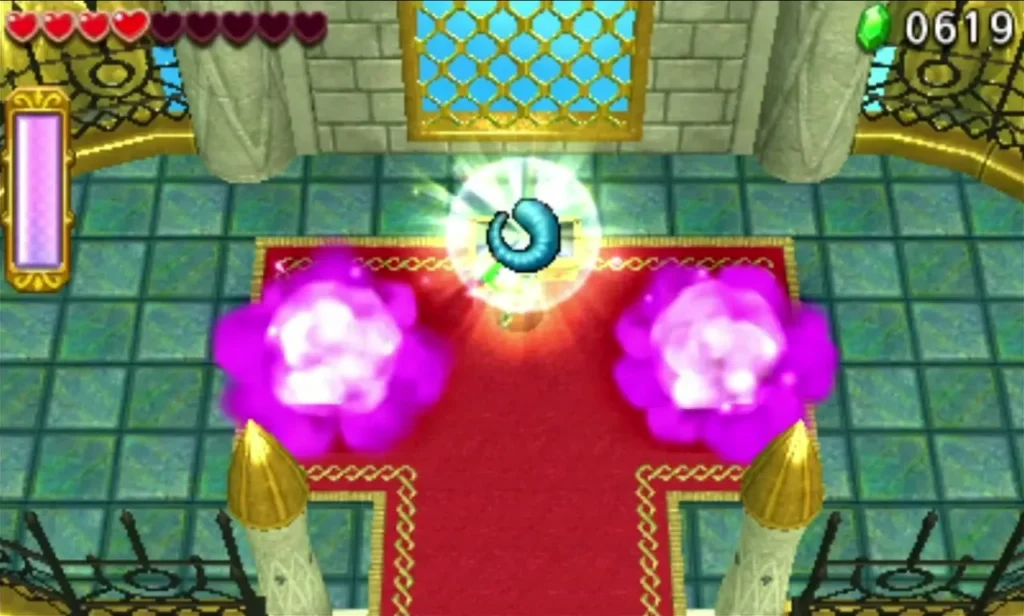 Link holds up an item in the Deception Castle end room between two purple flames Link holds up an item in the Deception Castle end room between two purple flames