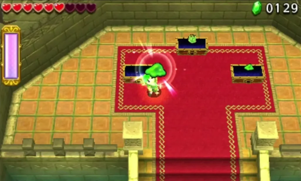 Link at the centre of a red-carpeted Deku Forest chest room with three treasure chests Link at the centre of a red-carpeted Deku Forest chest room with three treasure chests
