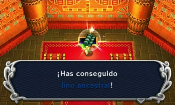 Link holds up a new item in the Desert Temple treasure room, with its name box showing Link holds up a new item in the Desert Temple treasure room, with its name box showing