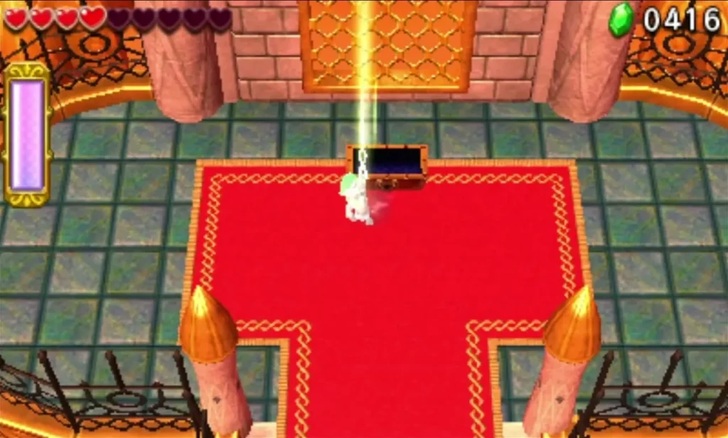 Link stands before a treasure chest in the Dragon Citadel end room as a light beam rises from it Link stands before a treasure chest in the Dragon Citadel end room as a light beam rises from it