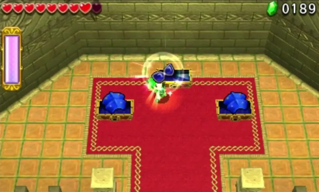 Link in the Forest Temple end room beside its treasure chests on a red carpet Link in the Forest Temple end room beside its treasure chests on a red carpet