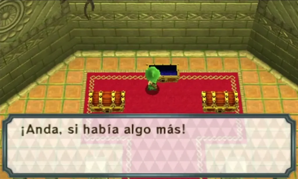 Link stands in the Forest Temple chest room as a box says there was more to find Link stands in the Forest Temple chest room as a box says there was more to find
