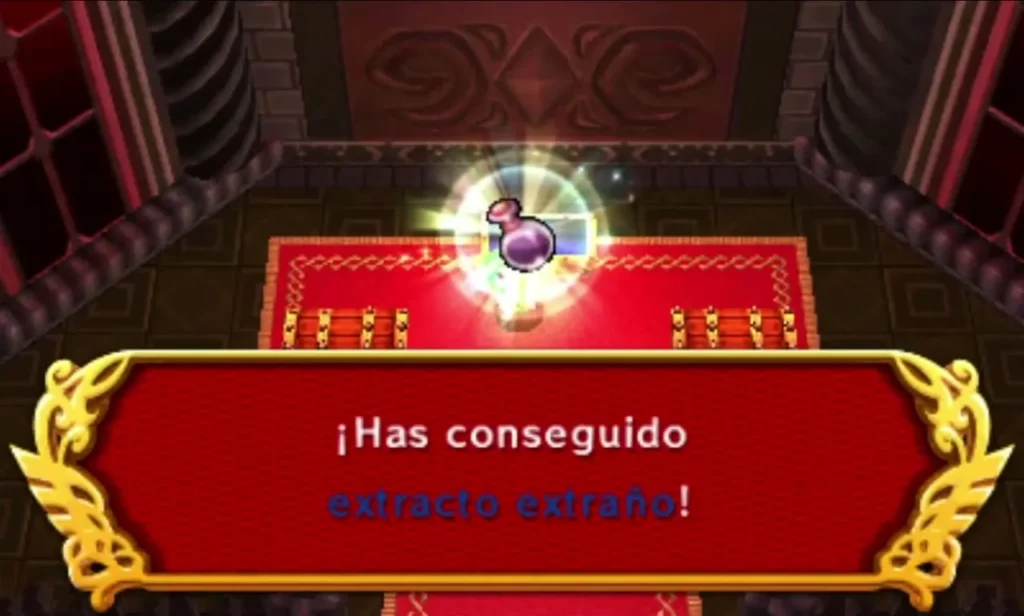 Link holds up a strange extract in the Illusory Mansion treasure room, with its name box showing Link holds up a strange extract in the Illusory Mansion treasure room, with its name box showing