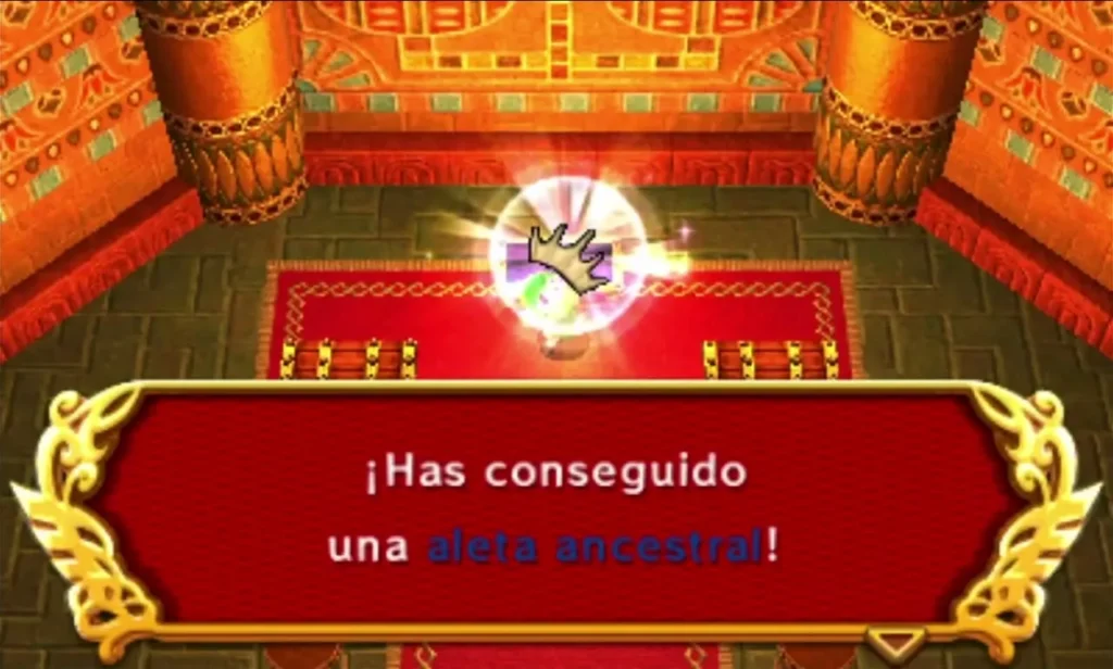 Link holds up an ancestral fin in the Infinity Dunes end room, with its item box showing Link holds up an ancestral fin in the Infinity Dunes end room, with its item box showing