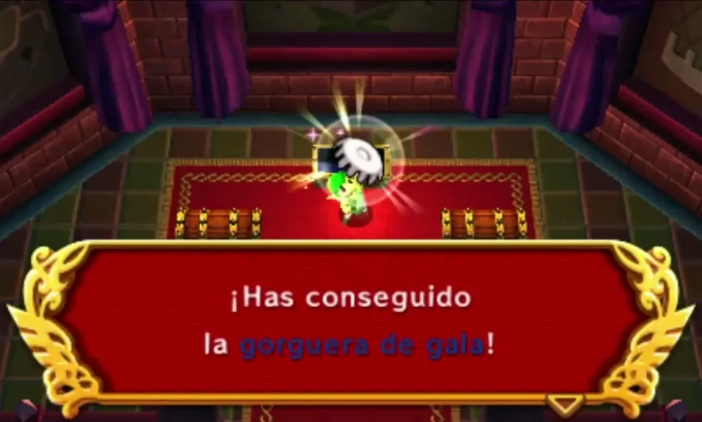 Link holds up the Lady's Collar in the Lady's Lair chest room, with the item name box showing Link holds up the Lady's Collar in the Lady's Lair chest room, with the item name box showing