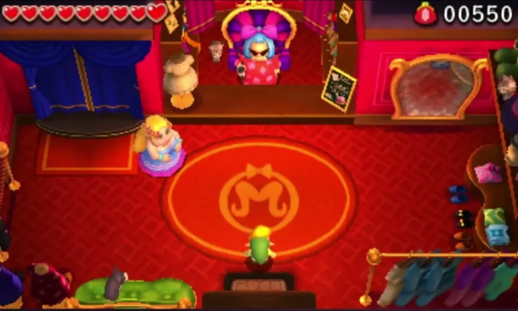 Link enters Madame Couture's shop, where the tailor sits on her throne among the outfits Link enters Madame Couture's shop, where the tailor sits on her throne among the outfits