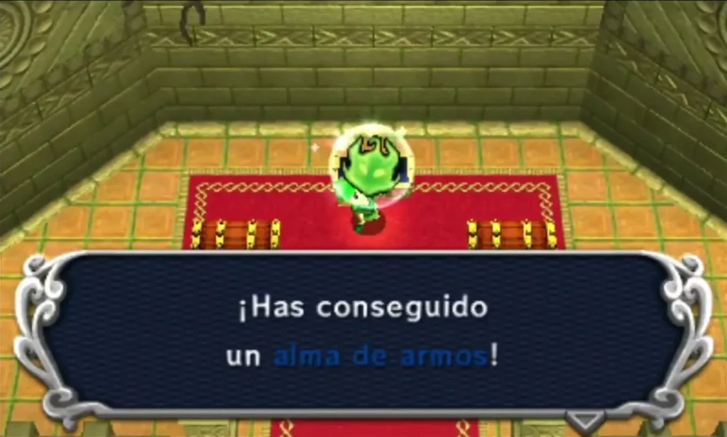 Link holds up an Alma de armas won in the Moblin Base end room, with its item box showing Link holds up an Alma de armas won in the Moblin Base end room, with its item box showing