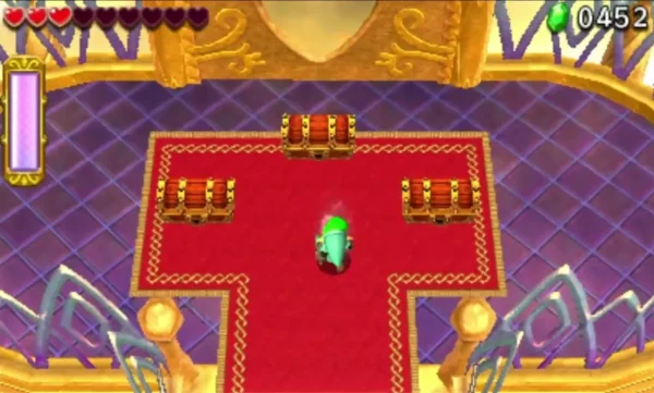 Link walks the red carpet of the Sky Temple chest room between three treasure chests Link walks the red carpet of the Sky Temple chest room between three treasure chests