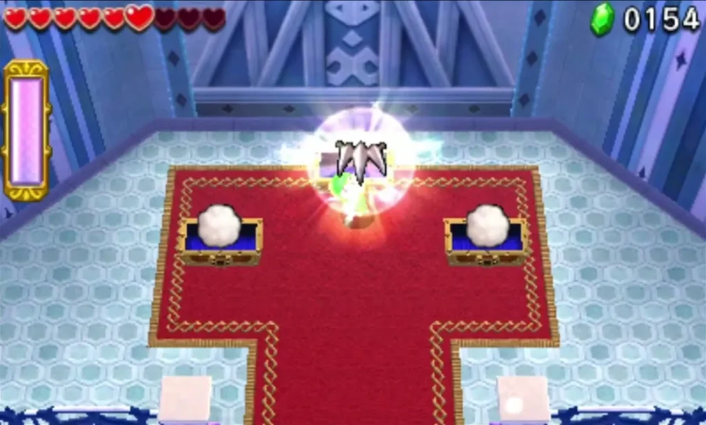 Link holds up a glowing item in the Snowball Ravine reward room between two white orbs on pedestals Link holds up a glowing item in the Snowball Ravine reward room between two white orbs on pedestals