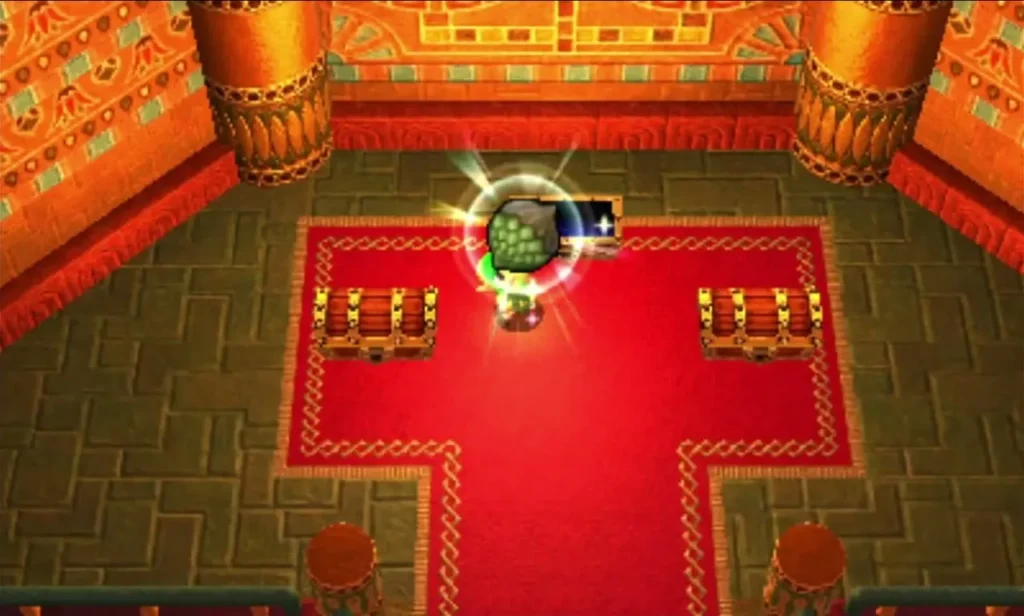 Link in the Stone Corridors end room with an item glow beside two treasure chests on a red carpet Link in the Stone Corridors end room with an item glow beside two treasure chests on a red carpet