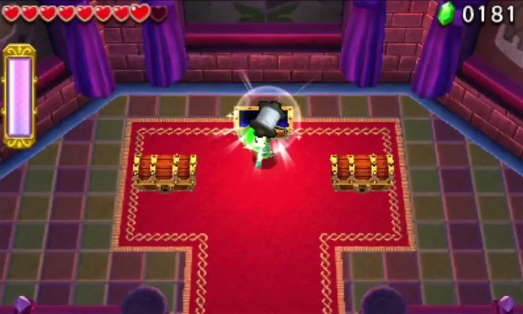 Link in the Training Ground end room with an item glow beside two treasure chests on a red carpet Link in the Training Ground end room with an item glow beside two treasure chests on a red carpet