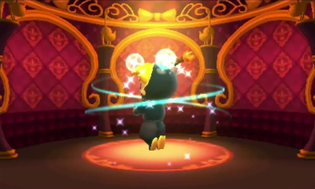 Link surrounded by glowing light and sparkles on the workshop stage as he changes outfits Link surrounded by glowing light and sparkles on the workshop stage as he changes outfits