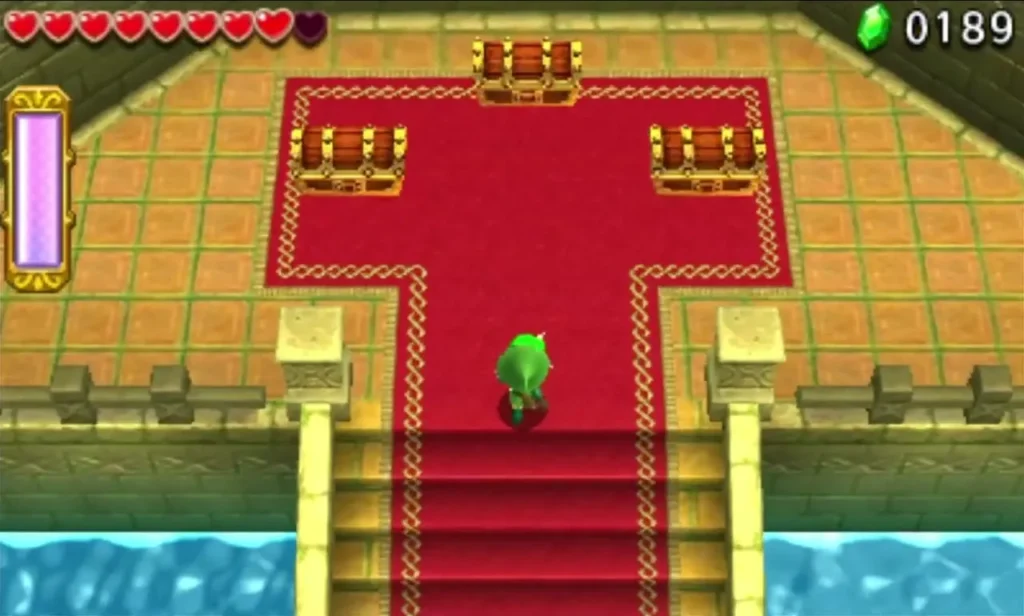 Link walking down the red carpet toward the chests in the Forest Temple end room Link walking down the red carpet toward the chests in the Forest Temple end room