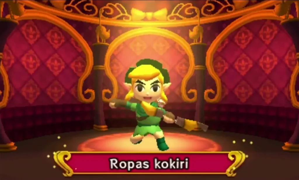Link in the green Kokiri outfit holding a bow on the workshop stage, labelled Ropas kokiri Link in the green Kokiri outfit holding a bow on the workshop stage, labelled Ropas kokiri