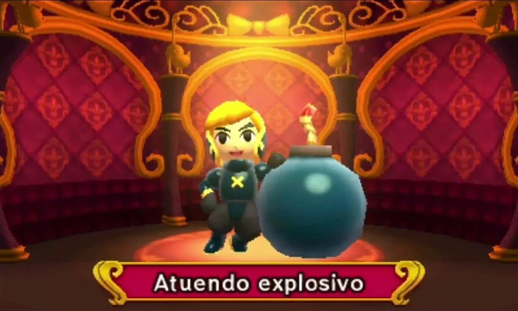Link in the dark Explosive Outfit holding a big bomb on the workshop stage, with its name banner Link in the dark Explosive Outfit holding a big bomb on the workshop stage, with its name banner