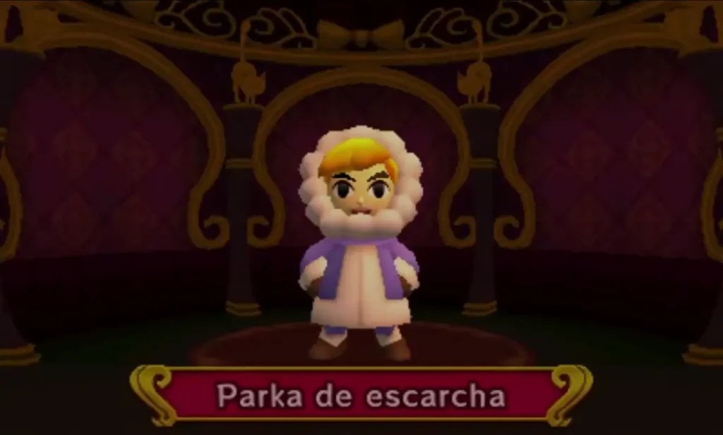 Link in the white frost parka standing on the workshop stage, labelled Parka de escarcha Link in the white frost parka standing on the workshop stage, labelled Parka de escarcha