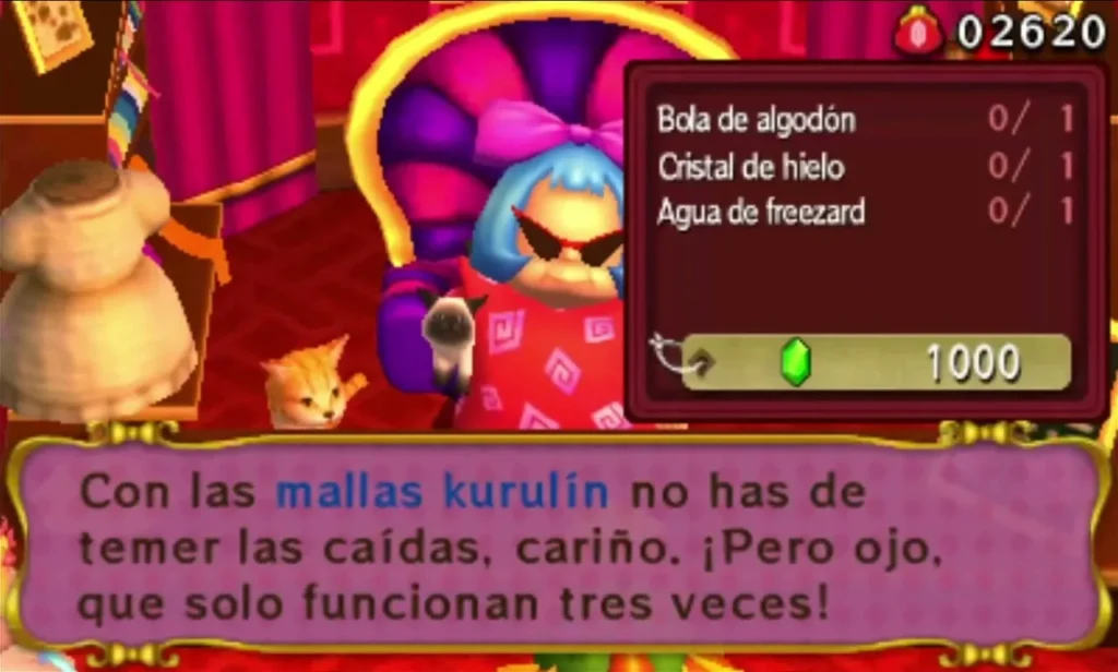 Madame Sastria on her throne explaining the Tingle Tights, with their three materials listed Madame Sastria on her throne explaining the Tingle Tights, with their three materials listed