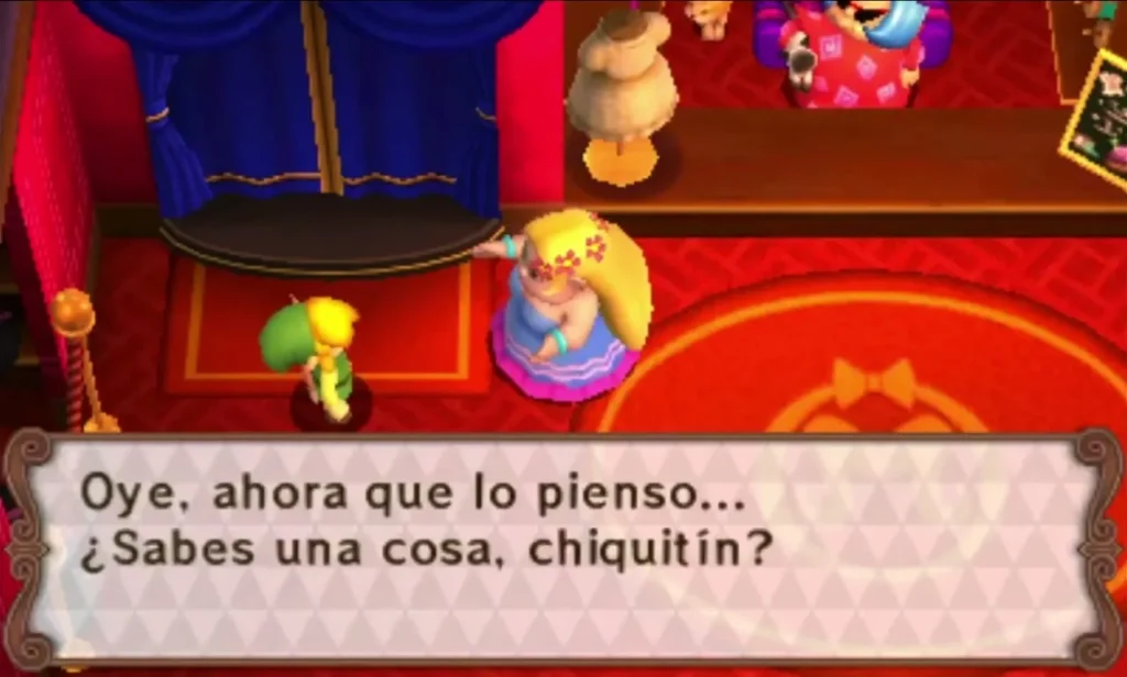 Link on the workshop rug facing a blonde woman in a pink dress who asks him a question Link on the workshop rug facing a blonde woman in a pink dress who asks him a question