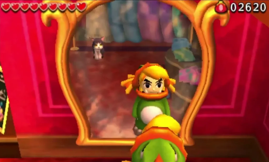 Link in the Zora Costume checks his look in a gold-framed mirror inside the tailor shop Link in the Zora Costume checks his look in a gold-framed mirror inside the tailor shop